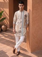 Beige Cotton Linen Kurta Pajama Set with Print & Embroidery