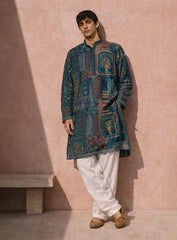Dark Turquoise Blue Silk Kurta Pajama Set with Print & Embroidery