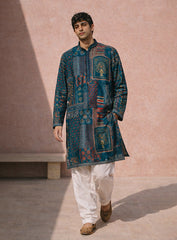Dark Turquoise Blue Silk Kurta Pajama Set with Print & Embroidery