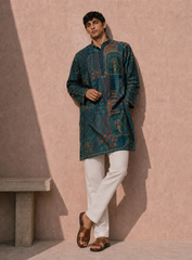 Dark Turquoise Blue Silk Kurta Pajama Set with Print & Embroidery