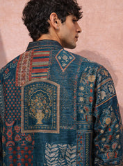 Dark Turquoise Blue Silk Kurta Pajama Set with Print & Embroidery