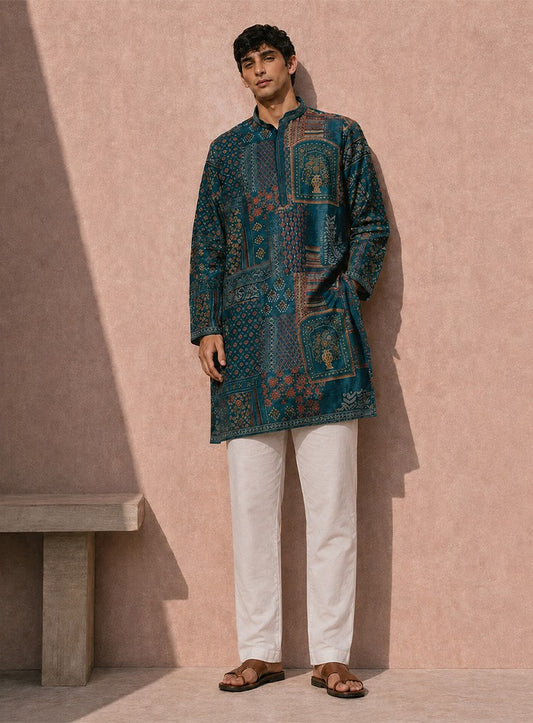 Dark Turquoise Blue Silk Kurta Pajama Set with Print & Embroidery