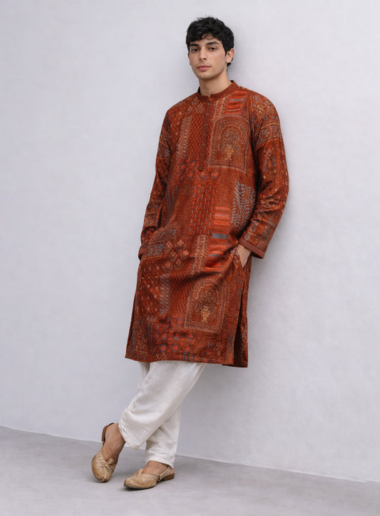 Maroon Silk Kurta Pajama Set with Print & Embroidery