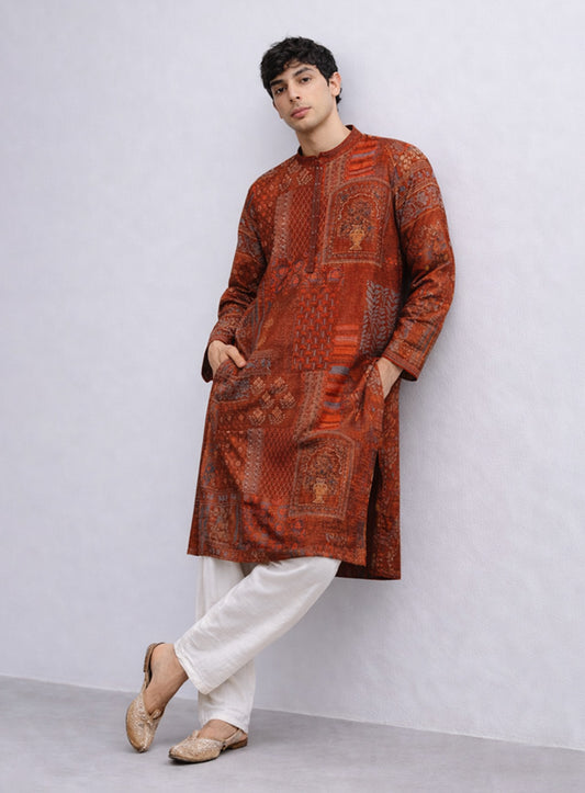 Maroon Silk Kurta Pajama Set with Print & Embroidery
