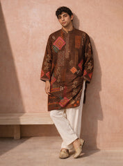 Dark Wine Cotton Silk Kurta Pajama Set with Print & Embroidery