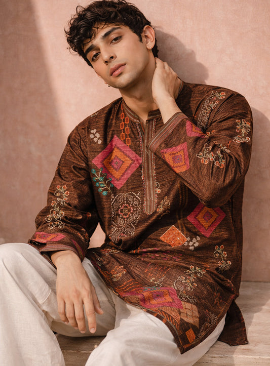 Dark Wine Cotton Silk Kurta Pajama Set with Print & Embroidery