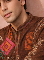 Dark Wine Cotton Silk Kurta Pajama Set with Print & Embroidery