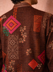 Dark Wine Cotton Silk Kurta Pajama Set with Print & Embroidery