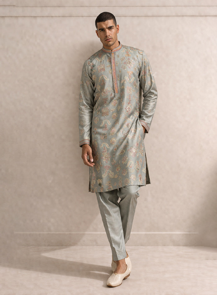 Light Pista Green Cotton Silk Kurta Pajama Set with Embroidery