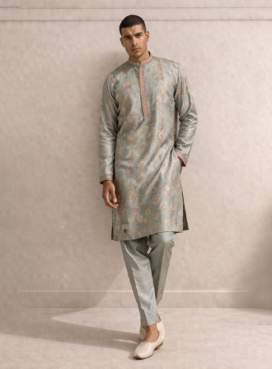 Light Pista Green Cotton Silk Kurta Pajama Set with Embroidery