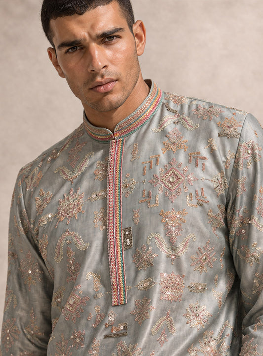 Light Pista Green Cotton Silk Kurta Pajama Set with Embroidery