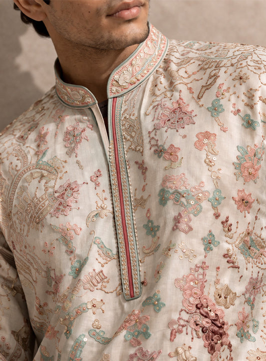 Cream Cotton Silk Kurta Pajama Set with Embroidery