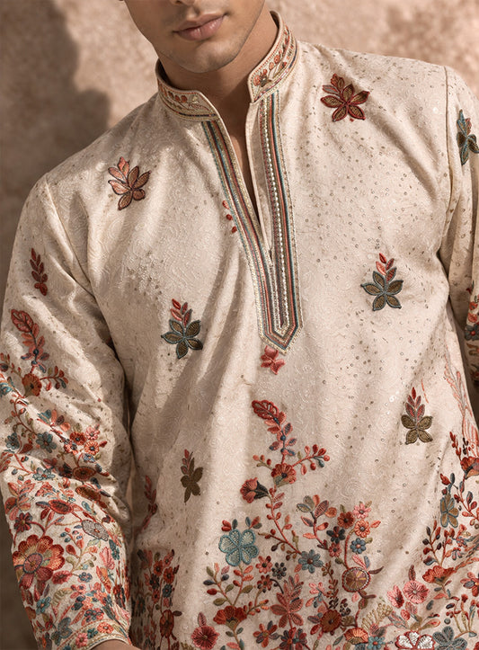 Cream Kurta Pajama Set in Cotton Silk with Embroidery