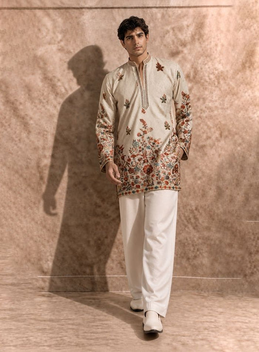 Cream Kurta Pajama Set in Cotton Silk with Embroidery