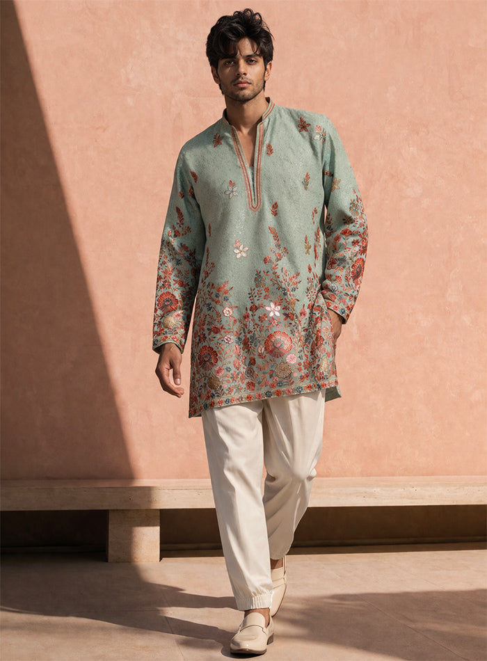 Sky Blue Kurta Pajama Set in Cotton Silk with Embroidery