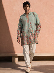 Sky Blue Kurta Pajama Set in Cotton Silk with Embroidery