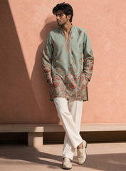 Sky Blue Kurta Pajama Set in Cotton Silk with Embroidery