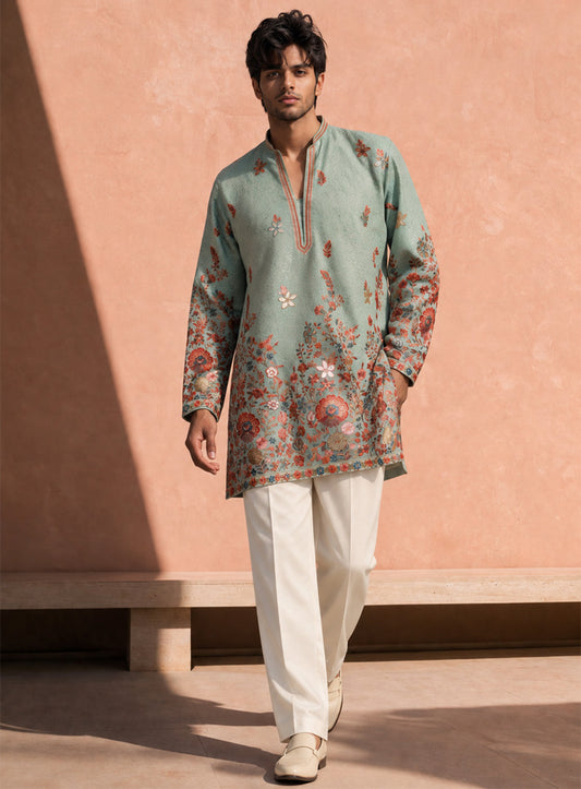 Sky Blue Kurta Pajama Set in Cotton Silk with Embroidery