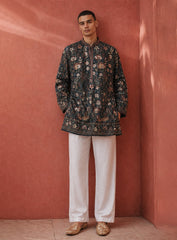 Dark Peacock Blue Silk Kurta Pajama Set with Embroidery