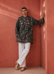 Dark Peacock Blue Silk Kurta Pajama Set with Embroidery