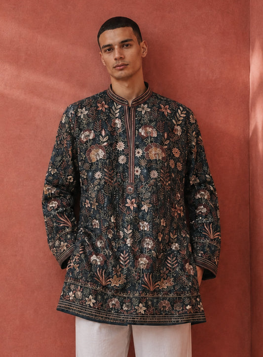 Dark Peacock Blue Silk Kurta Pajama Set with Embroidery
