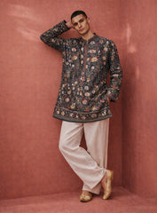Dark Peacock Blue Silk Kurta Pajama Set with Embroidery