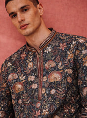 Dark Peacock Blue Silk Kurta Pajama Set with Embroidery