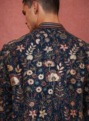 Dark Peacock Blue Silk Kurta Pajama Set with Embroidery