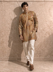 Beige Kurta Pajama Set in Cotton Silk with Embroidery