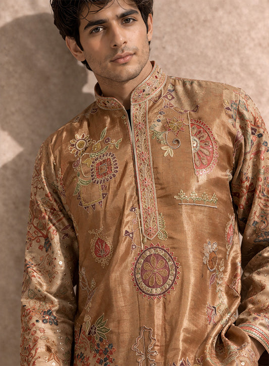 Beige Kurta Pajama Set in Cotton Silk with Embroidery