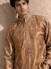 Beige Kurta Pajama Set in Cotton Silk with Embroidery