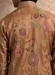 Beige Kurta Pajama Set in Cotton Silk with Embroidery