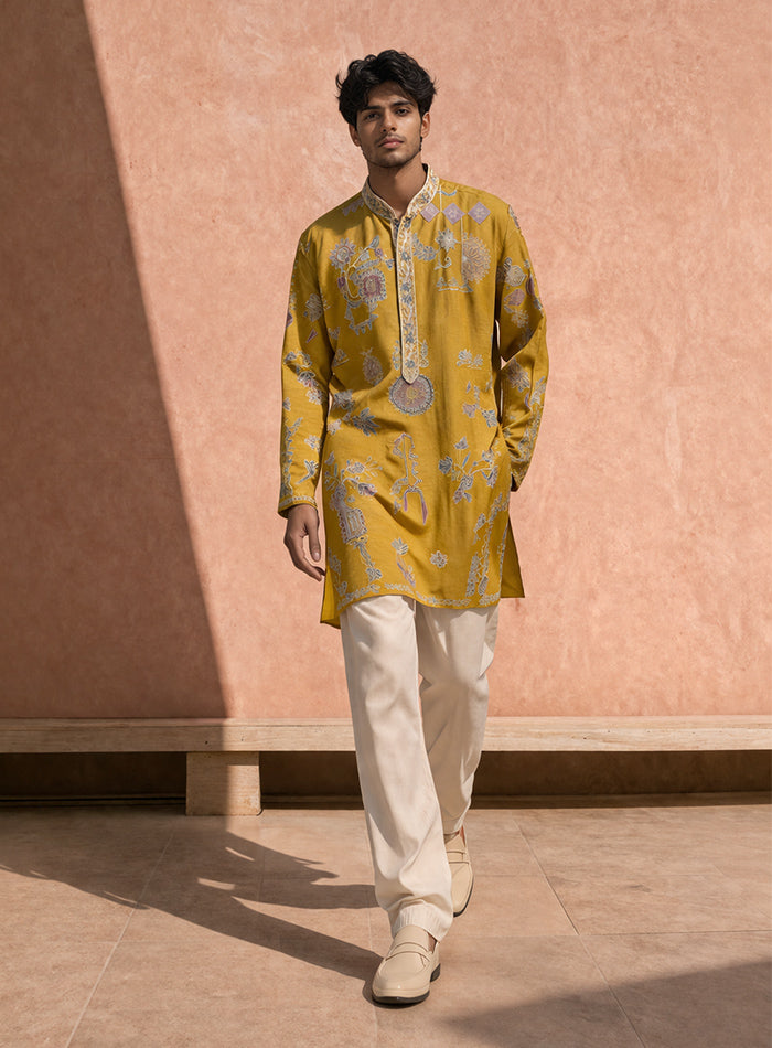 Mustard Yellow Kurta Pajama Set in Cotton Silk with Embroidery