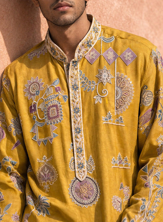 Mustard Yellow Kurta Pajama Set in Cotton Silk with Embroidery