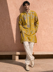 Mustard Yellow Kurta Pajama Set in Cotton Silk with Embroidery