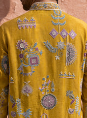 Mustard Yellow Kurta Pajama Set in Cotton Silk with Embroidery