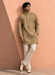 Beige Kurta Pajama Set in Cotton Silk with Embroidery