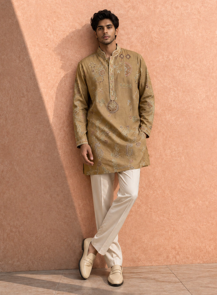 Beige Kurta Pajama Set in Cotton Silk with Embroidery