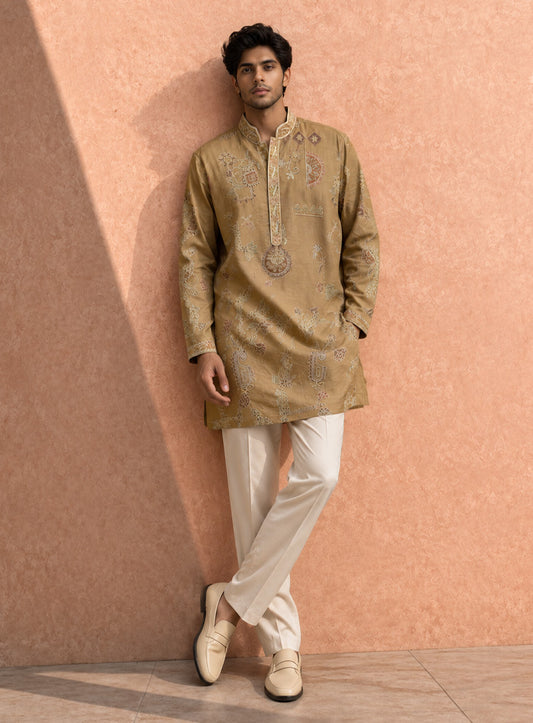 Beige Kurta Pajama Set in Cotton Silk with Embroidery