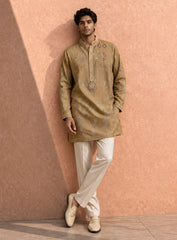 Beige Kurta Pajama Set in Cotton Silk with Embroidery