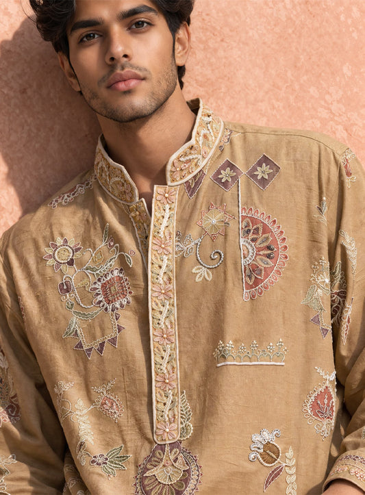 Beige Kurta Pajama Set in Cotton Silk with Embroidery