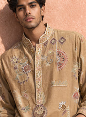 Beige Kurta Pajama Set in Cotton Silk with Embroidery