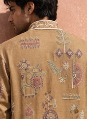 Beige Kurta Pajama Set in Cotton Silk with Embroidery