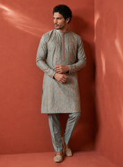 Light Pista Green Cotton Silk Kurta Pajama Set with Embroidery