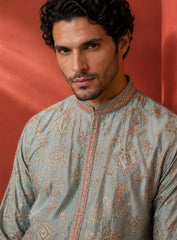 Light Pista Green Cotton Silk Kurta Pajama Set with Embroidery