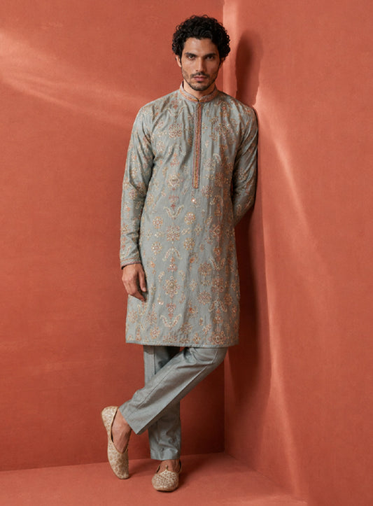 Light Pista Green Cotton Silk Kurta Pajama Set with Embroidery