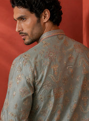 Light Pista Green Cotton Silk Kurta Pajama Set with Embroidery