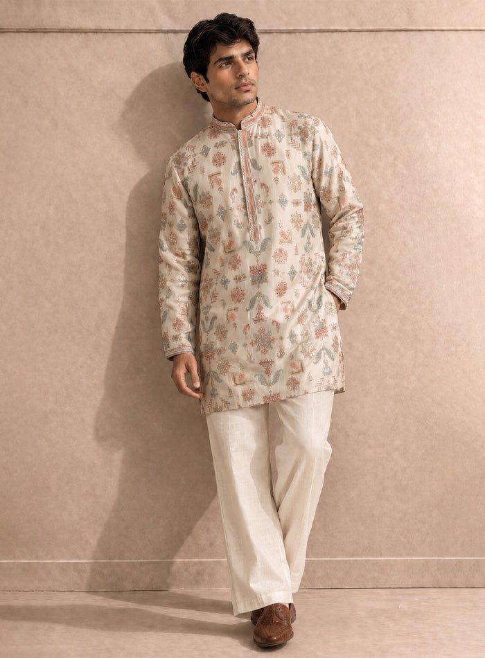 Cream Cotton Silk Kurta Pajama Set with Embroidery