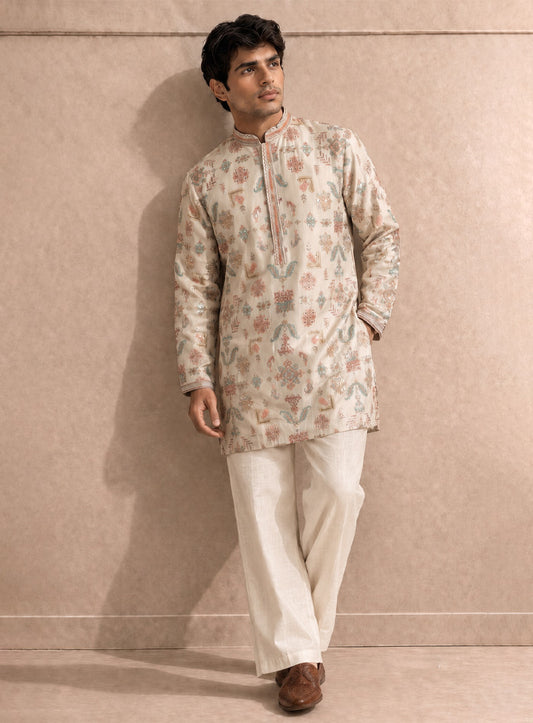 Cream Cotton Silk Kurta Pajama Set with Embroidery