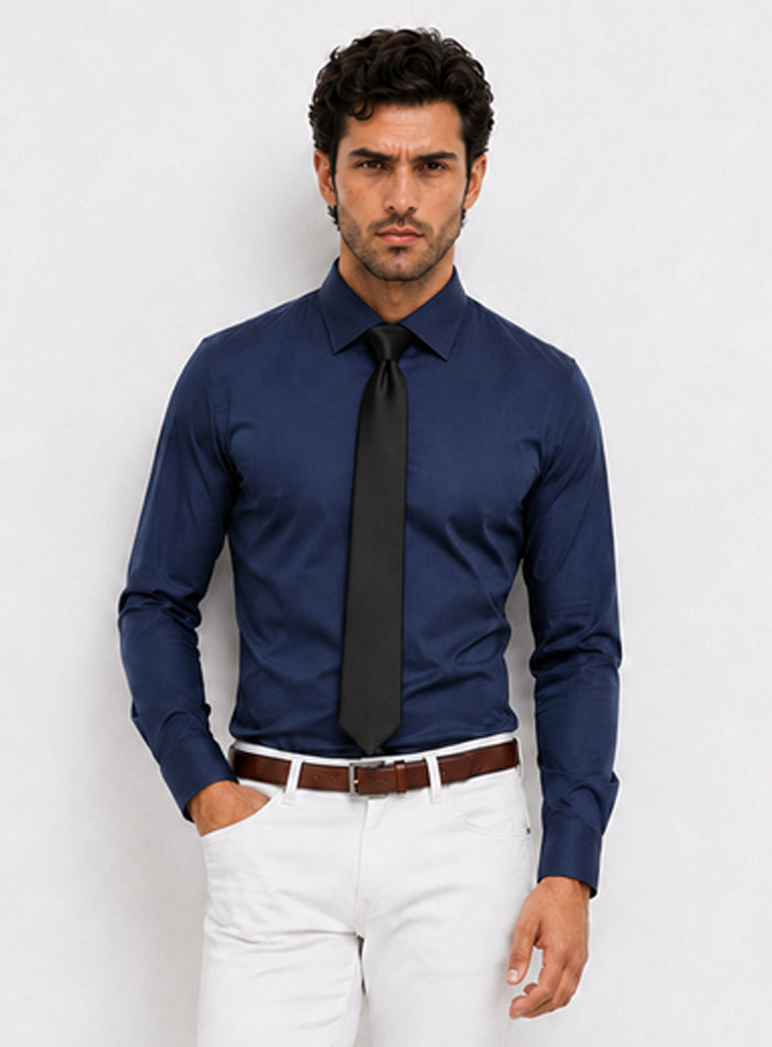 Dark Blue Cotton Satin Classic Formal Shirt